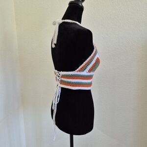 Striped Crochet Halter Crop Top - White, Orange & Sage